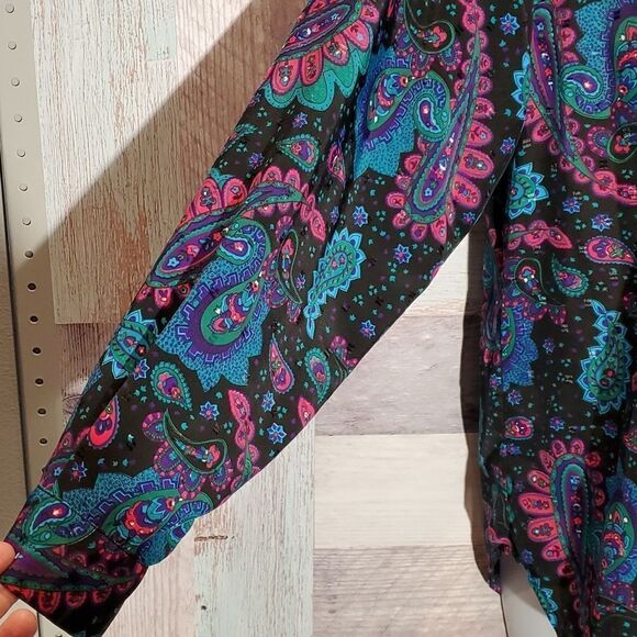 Ridge T Vintage Neon Print Satin Swiss Dot Blouse Sz XL Cottagecore Grannycore - Picture 4 of 8